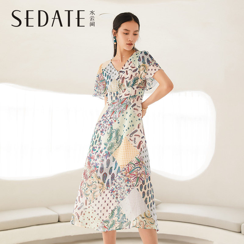 水云间V领印花连衣裙短袖2020夏季新款收腰显瘦a字裙子女中长款