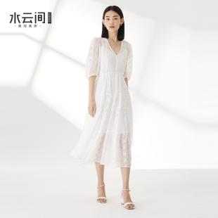 水云间白色网纱收腰连衣裙女a字大摆中长裙子蕾丝钩花2025夏新款