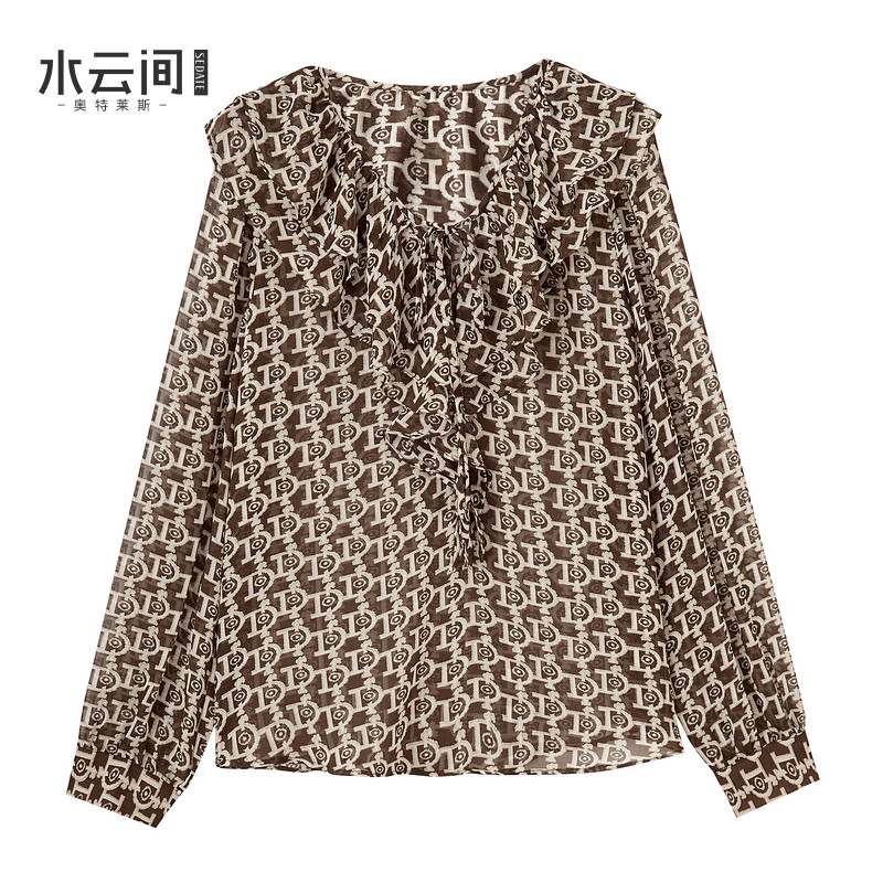 水云间咖色雪纺衫女式长袖衬衫荷叶领衬衣通勤叠穿上衣2026春新款