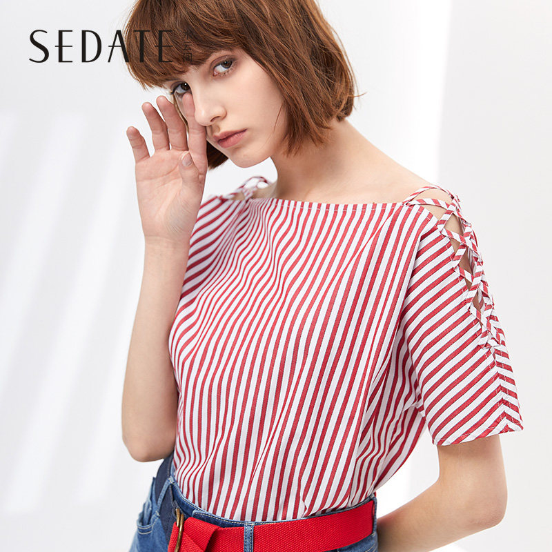 水云间竖条纹T恤衫夏季新款一字领系带短袖t恤女宽松拼色上衣