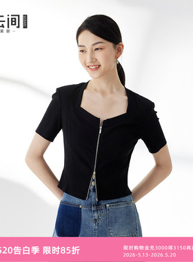 水云间黑色短袖毛针织衫女短款上衣修身显瘦双拉链开衫2026夏新款