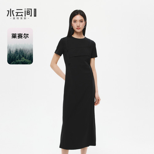 水云间黑色短袖连衣裙女过膝长裙子修身显瘦通勤静奢风2026夏新款