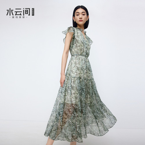 水云间绿色冷淡系雪纺裙女收腰荷叶袖连衣裙子轻熟御姐2026秋新款