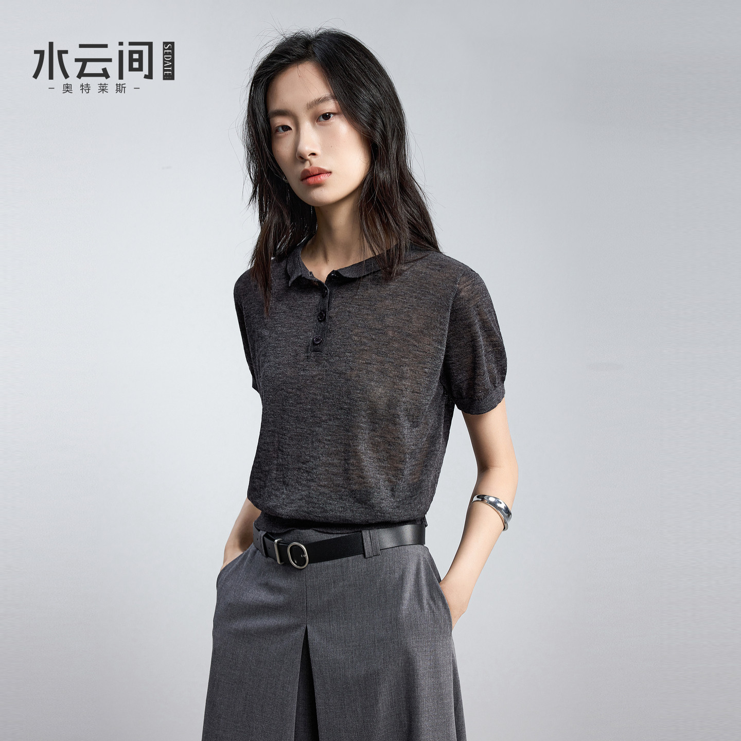 水云间灰色羊毛针织衫女Polo领短袖T恤上衣轻熟简约通勤风2026秋图片