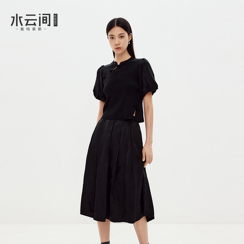 水云间黑色中国风提花套装裙女泡泡袖针织衫压褶半身裙子2026秋款