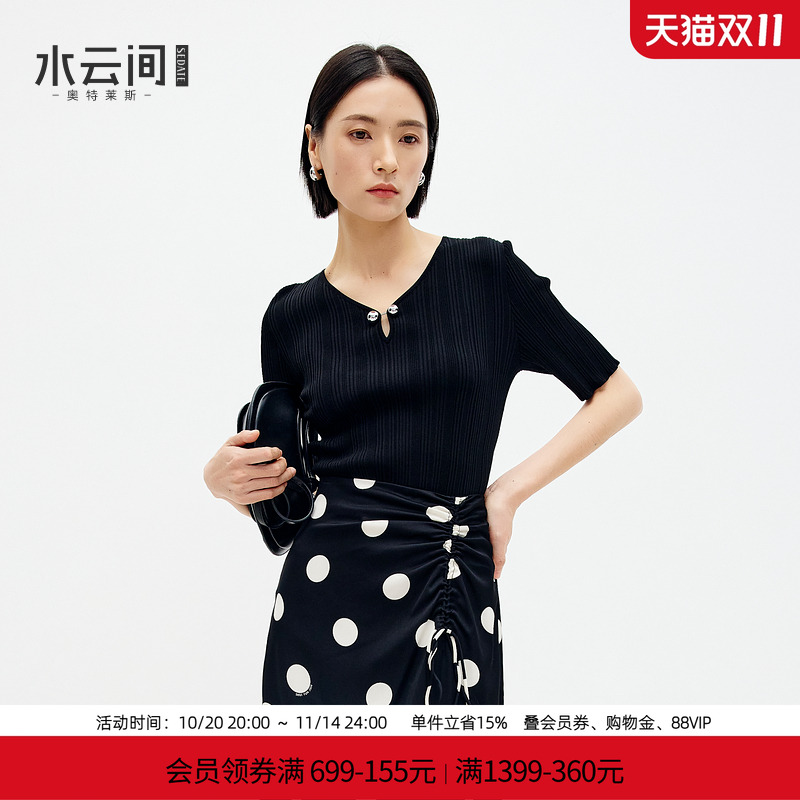 水云间黑色水滴领极细毛针织衫短袖女正肩上衣修身显瘦2025夏新款