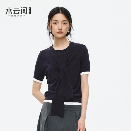 【极简通勤】水云间藏青色披肩毛针织衫短袖女棉麻混纺T恤日系风