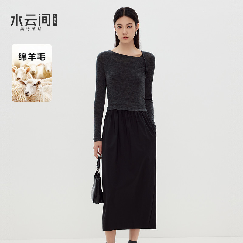 水云间斜肩花苞连衣裙女收腰修身长袖针织衫拼接裙子2026秋冬新款