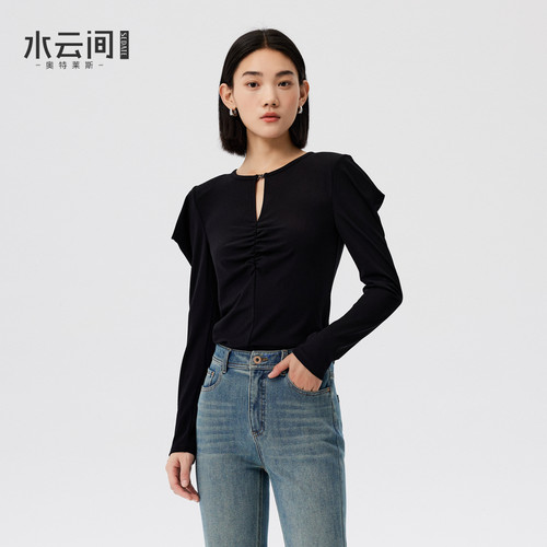 水云间黑色长袖T恤女小众设计感针织衫外穿上衣叠穿2026秋季新款