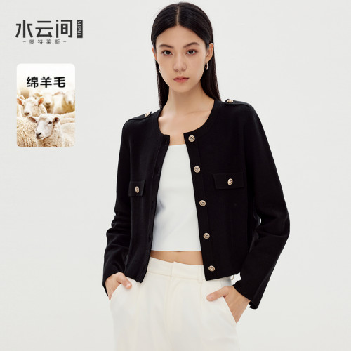 水云间黑色小香风短款外套女毛针织开衫长袖上衣正肩2026秋冬新款