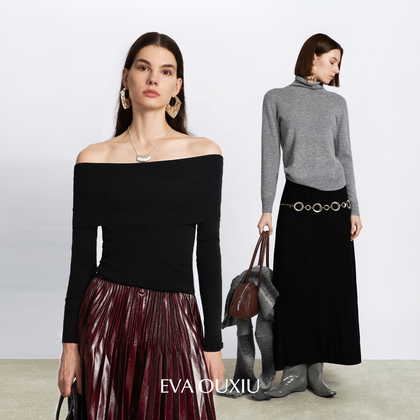 羊毛针织一字领垂感针织套装