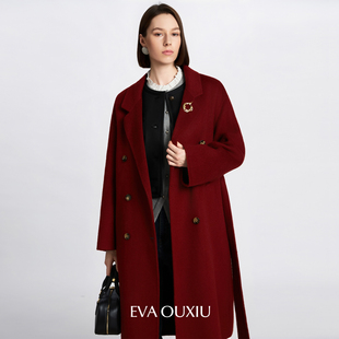 EVAOUXIU【新品】绵羊毛双面呢气质百搭简约经典中长款大衣秋冬女