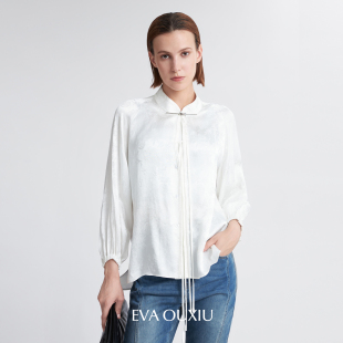 EVAOUXIU肌理小衫新中式衬衫灯笼袖上衣女长宽松廓形绑带国风衬衣