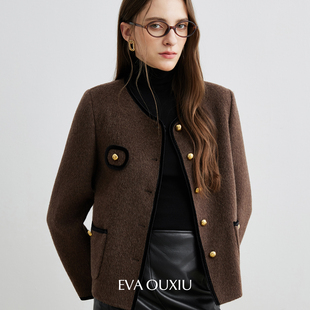 伊华欧秀驼绒真丝羊毛双面呢大衣女冬2025春装直筒复古金扣短外套
