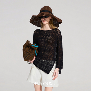 EVAOUXIU【新品】黑色镂空针织上衣2026年春季度假风宽松慵懒T恤