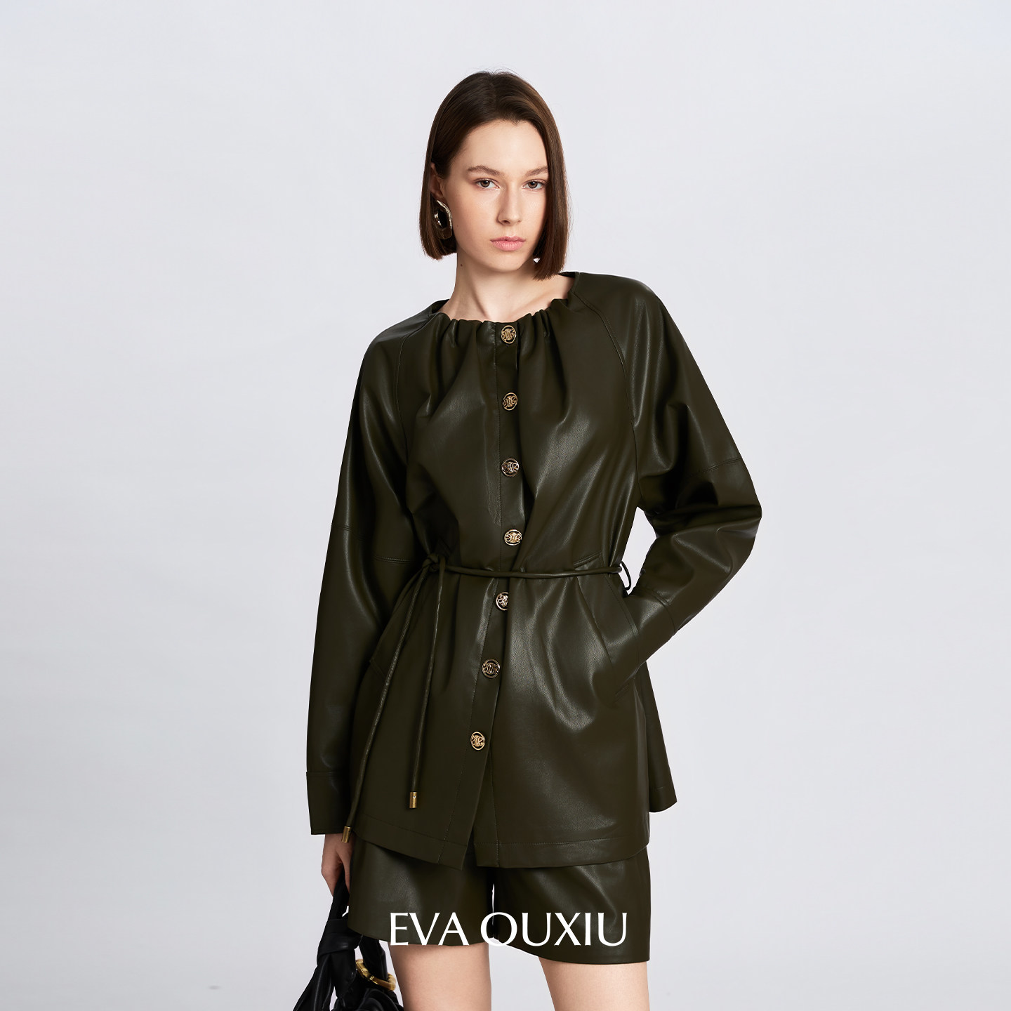 EVAOUXIU酷飒机车风美式复古PU皮衣/短裤复古老钱宽松休闲两件套