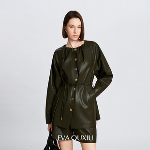 EVAOUXIU酷飒机车风美式复古PU皮衣/短裤复古老钱宽松休闲两件套