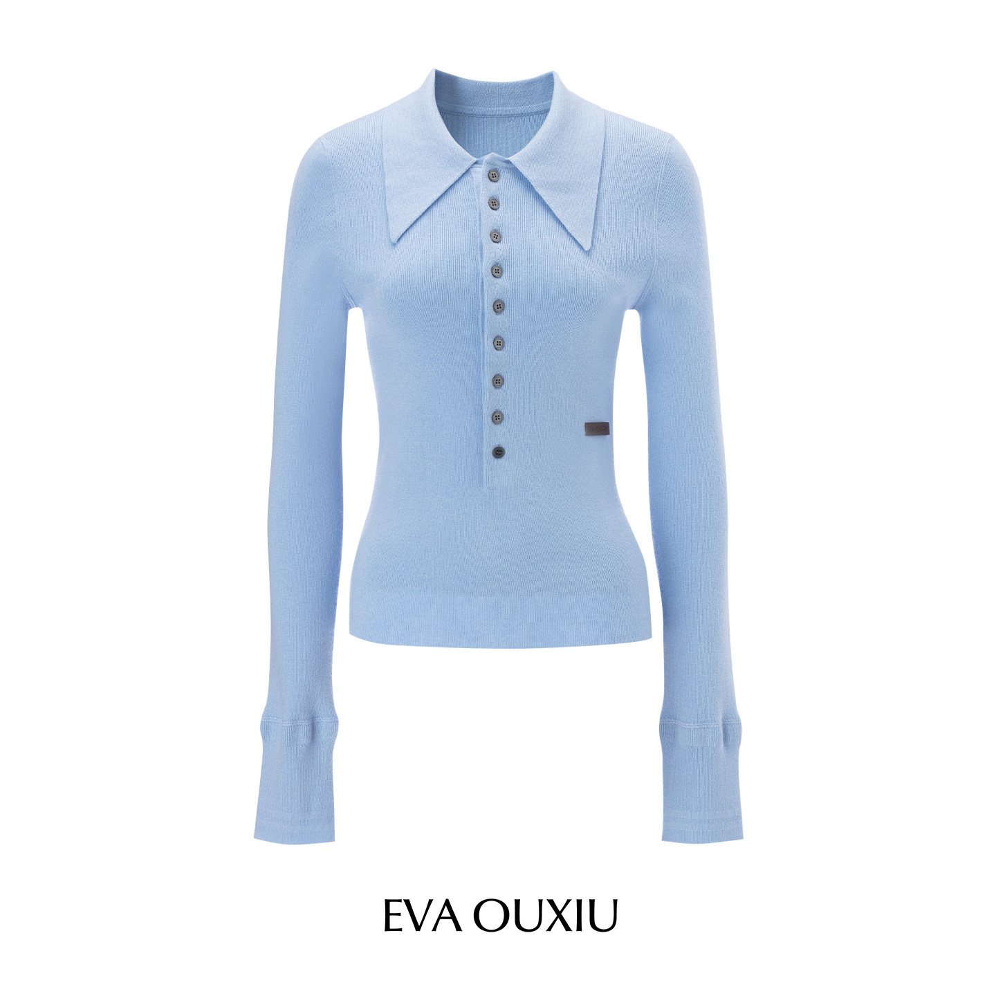 EVAOUXIU羊毛针织衫2026年春新商场同款尖领蓝色polo衫打底毛衣女,女装/女士精品,毛针织衫,淘宝优惠券,粉丝福利购,淘宝优惠卷