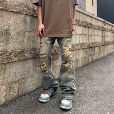 美式做旧破洞显瘦宽松直筒牛仔裤