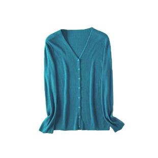 100%桑蚕丝真丝女开衫外套春秋薄纯色孔雀蓝长袖v领针织外搭毛衫