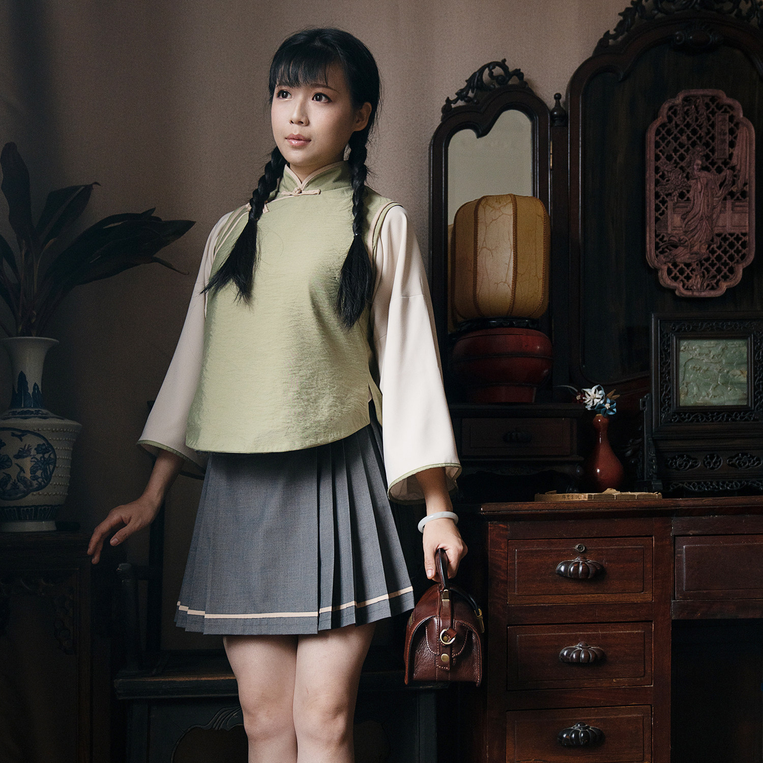 言欣坊∣溪上草∣民国旗袍女制服褶裙2023春装∣汉服元素国风原创