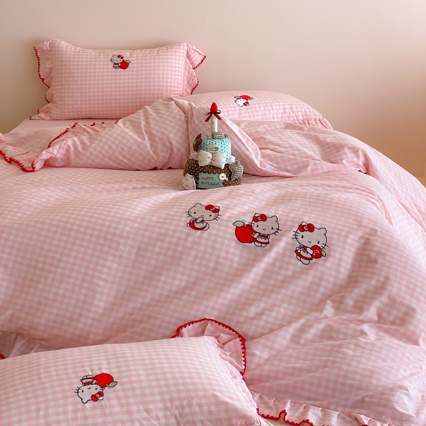 卡通刺绣花Hellokitty全棉四件套纯棉凯蒂KT猫儿童床上用品三件套