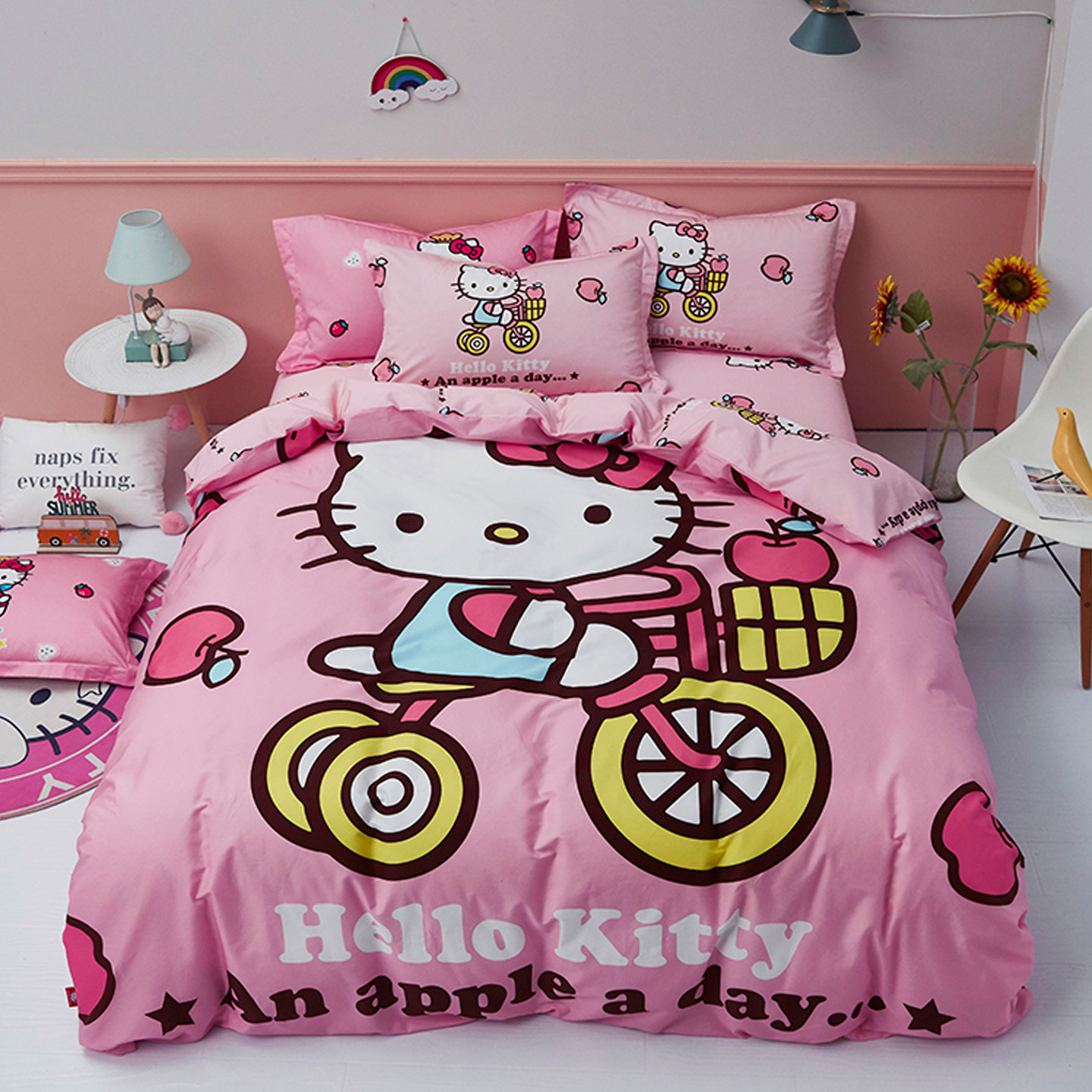 hellokitty全棉四件套儿童KT猫纯棉被套三件套女孩粉色床笠上用品