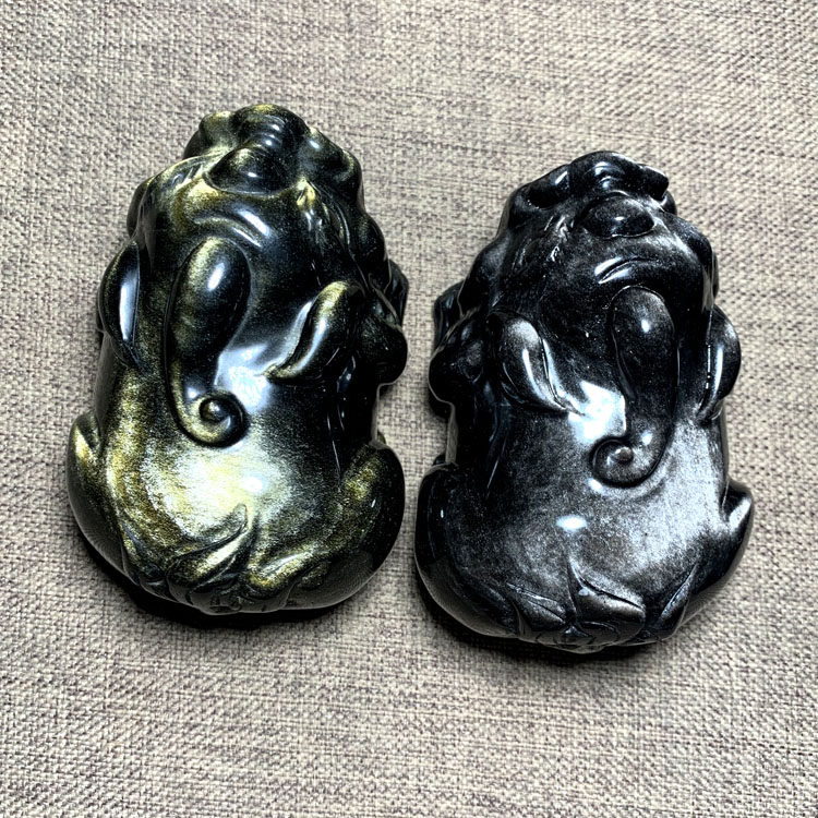 金银一对天然金曜石雕刻貔貅摆件