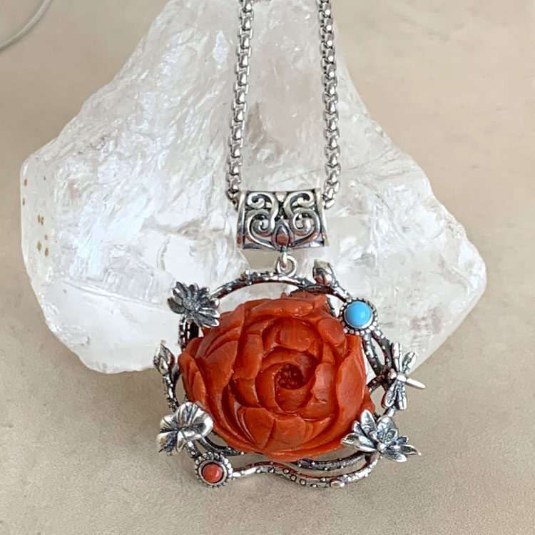 水玉冰魄天然南红玛瑙银镶嵌雕刻玫瑰花吊坠  项坠  毛衣链 挂件