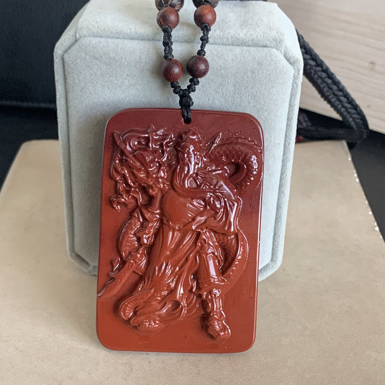 水玉冰魄天然阿拉善玛瑙雕刻关公方牌毛衣链 原石吊坠 项坠  挂件