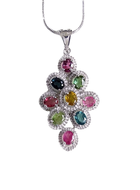 彩碧玺吊坠充填镶银毛衣链吊坠