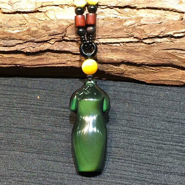 天然黑曜石旗袍彩虹眼吊坠项链