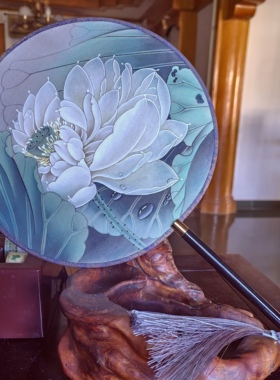 纯手绘工笔花鸟画团扇定制荷花牡丹国画中国风圆形宫扇汉服舞蹈扇