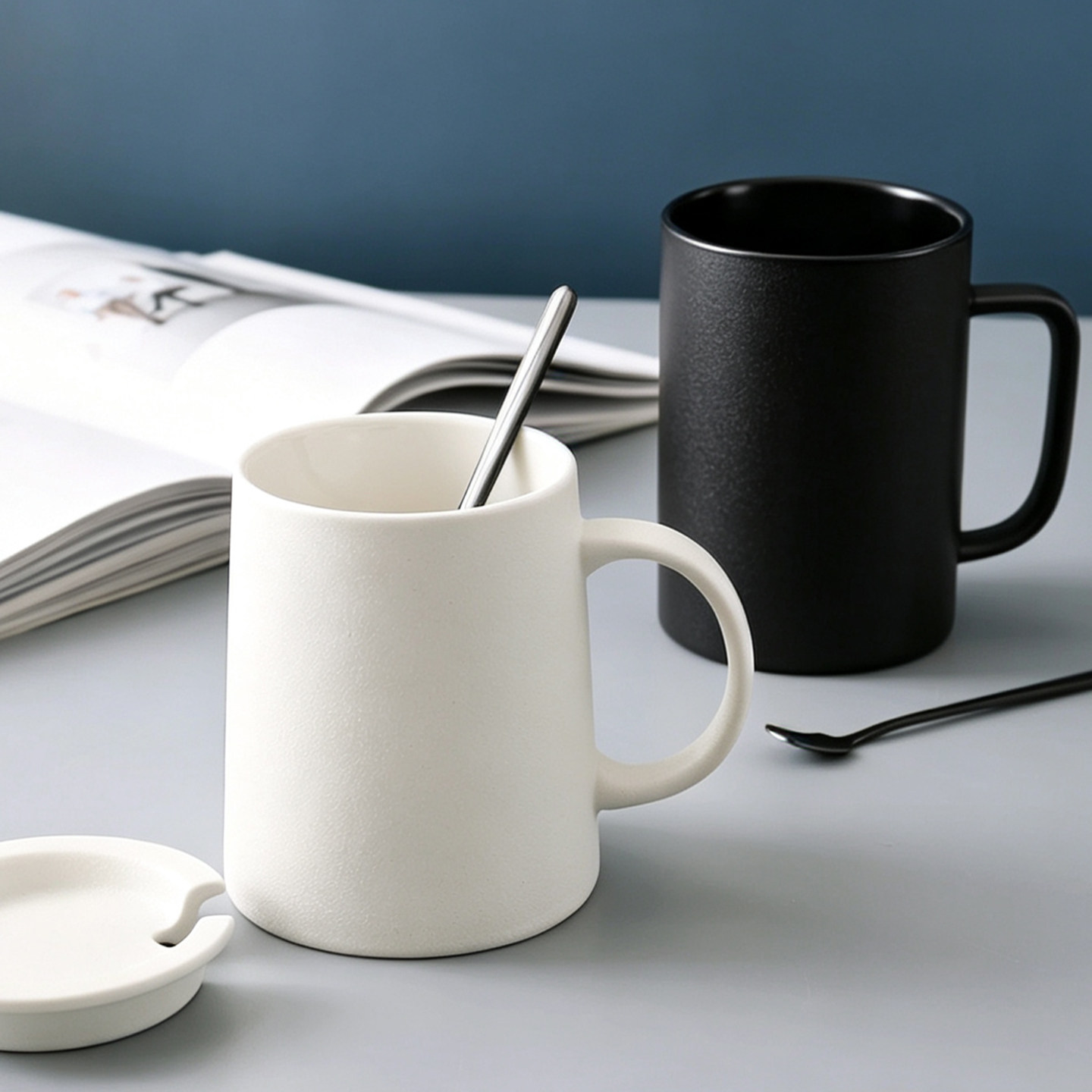 欧式磨砂陶瓷杯子带盖勺粗陶复古风马克杯咖啡杯家用早餐燕麦水杯