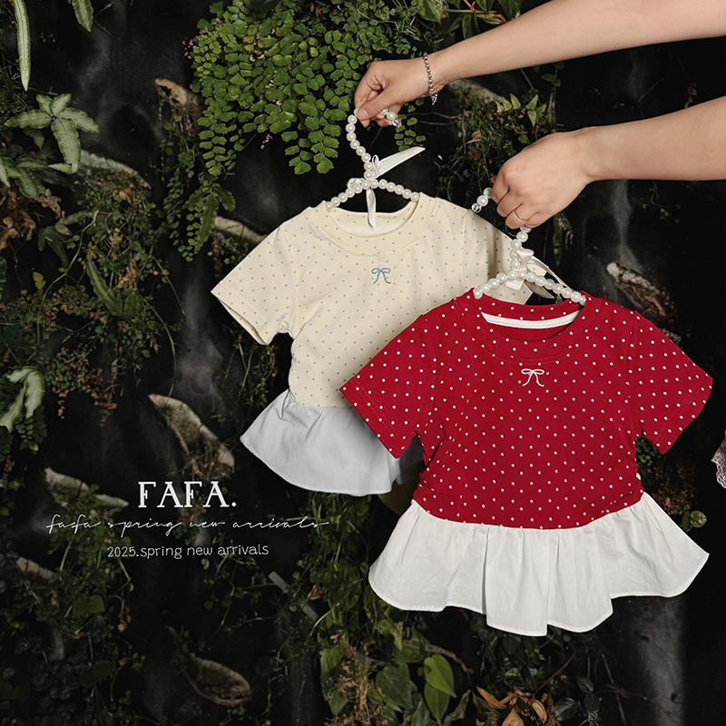 【FAFA】夏季女童法式拼接格子圆领波点短袖T恤XY259491