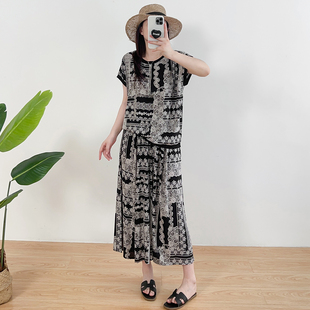 夏季绵绸短袖上衣裙裤套装女薄款宽松大码圆领人造棉家居服可外穿