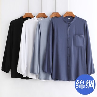 中老年男士绵绸衬衫夏季薄款大码长袖开衫爸爸人造棉空调服晨练服