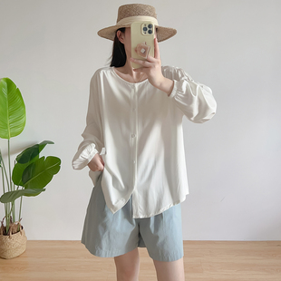 圆领开衫 棉绸衬衫 显瘦长袖 女士夏季 人造棉防晒上衣外搭家居服 薄款