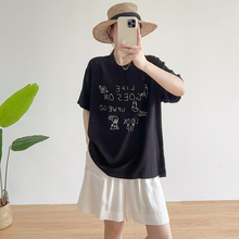 夏季棉绸上衣女2025年新款圆领短袖印花衬衫宽松显瘦人造棉T恤衫