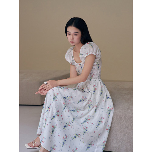 签儿法式碎花仙女风小个子大摆收腰气质连衣裙女印花短袖通勤长裙