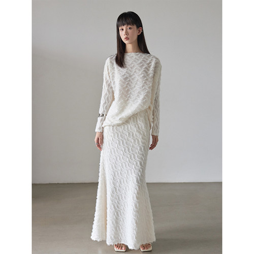 早春法式白色针织提花鱼尾套装