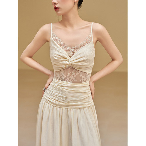 签儿 法式高级感v领蕾丝镂空气质吊带连衣裙女夏季绝美纯欲风长裙