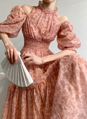 签儿 5米大摆裙 碎花连衣裙女2024夏季法式高腰雪纺气质泡泡袖裙