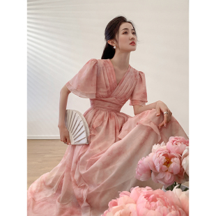 粉黛疏影 新款 法式 v领花边连衣裙女收腰2024夏季 仙女裙 飞袖 签儿