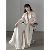 签儿2025年春季 加厚气质收腰垂感风衣外套女 米白色翻领双排扣长款