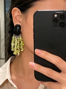 欧韩手工设计感绿色串珠流苏耳环女时尚高级百搭清冷感耳夹耳坠