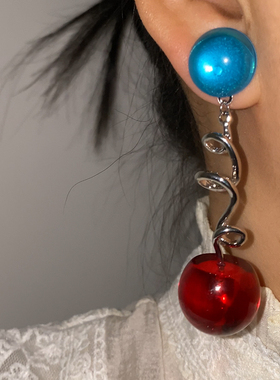 复古摩登几何红色撞色樱桃树脂耳钉个性辣妹港风时尚耳环耳饰耳夹