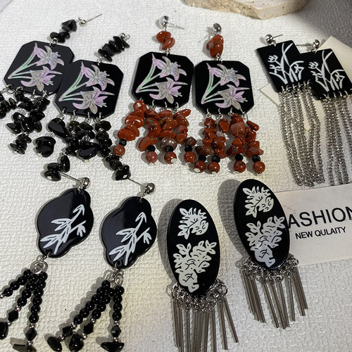 中式中国风配饰配旗袍的耳环长款流苏黑色手工耳饰新款气质耳夹