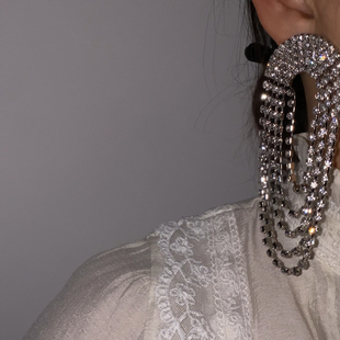 欧美夸张时尚满钻长款耳钉轻奢高级感气质大气礼服方圆脸耳环耳夹