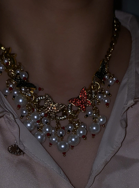 欧美新款复古做旧高级感轻奢夸张珍珠项链时尚气质锁骨链配饰